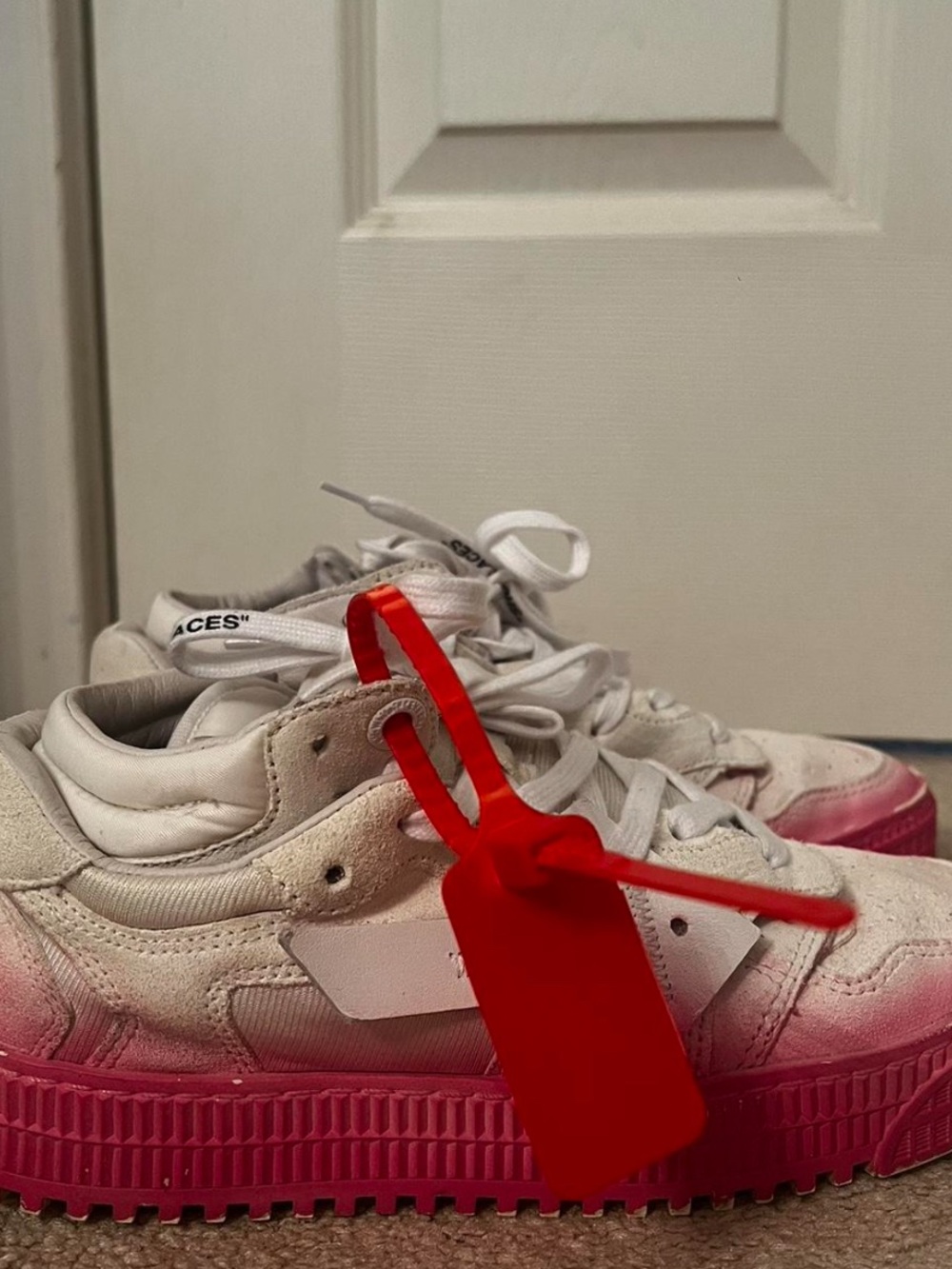 Women's White Sneakers with Pink Spray Paint Look and Red Accent